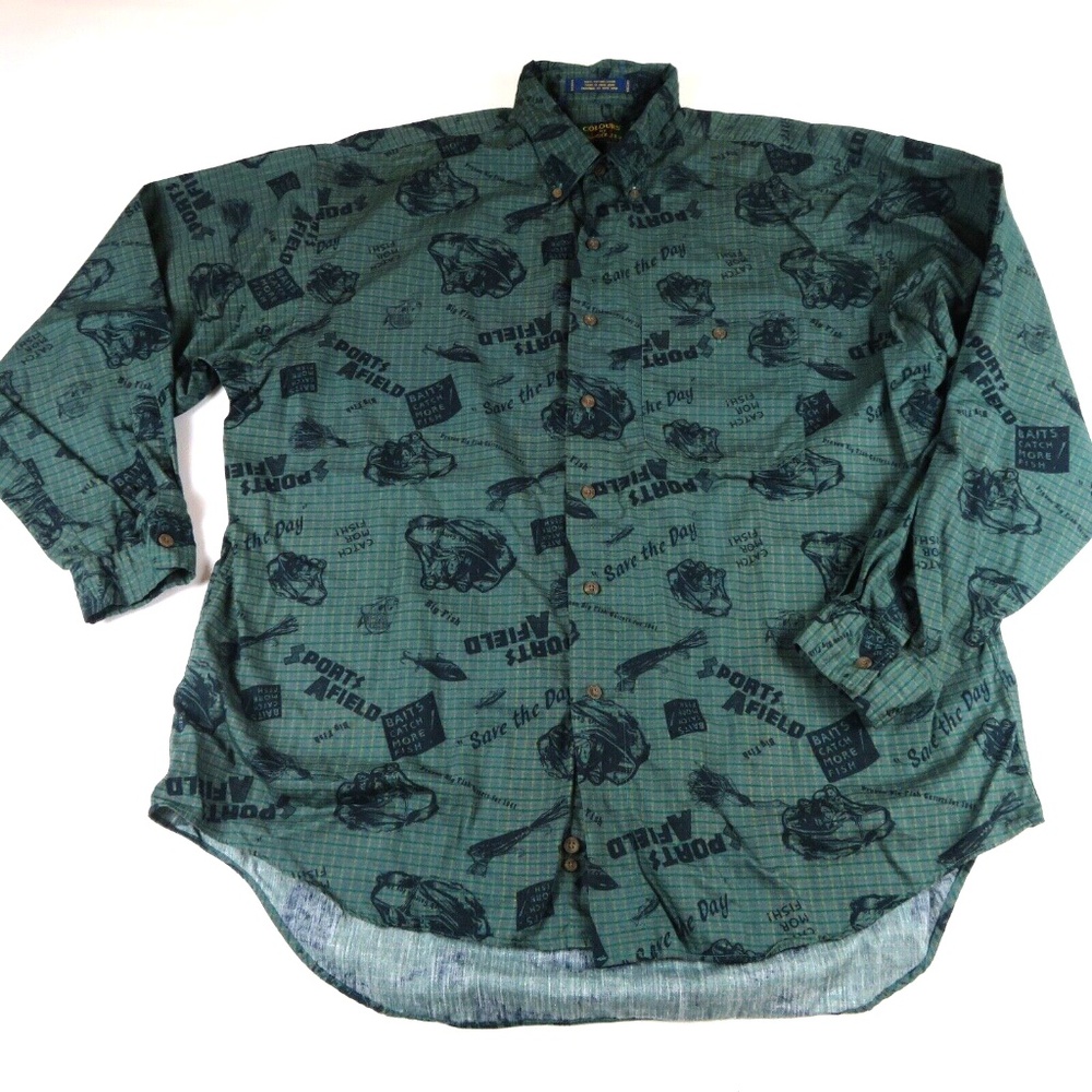 Men COLOURS by ALEXANDER JULIAN green plaid fishing prints shirt Size XL